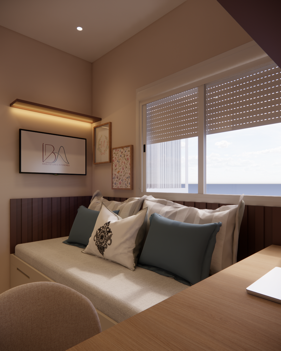 Quarto residencial com marcenaria em madeira, cabeceira escura, cama e luz indireta.