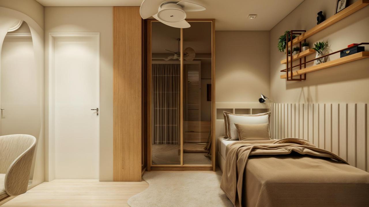 Quarto residencial com marcenaria em madeira, cama ampla e iluminação quente.