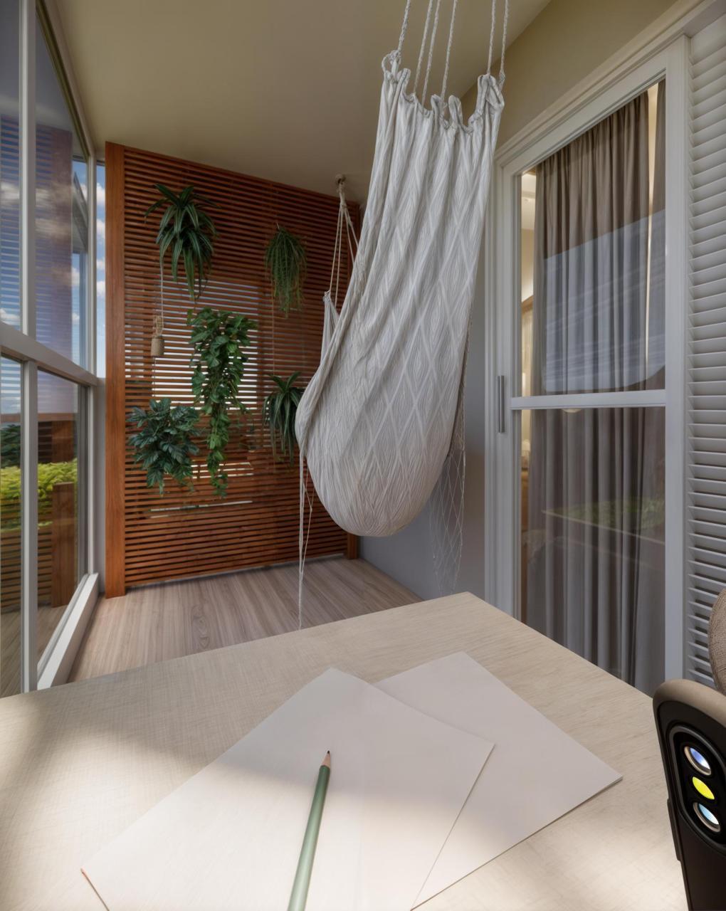 Interior residencial com composição de materiais, mobiliário e iluminação quente.