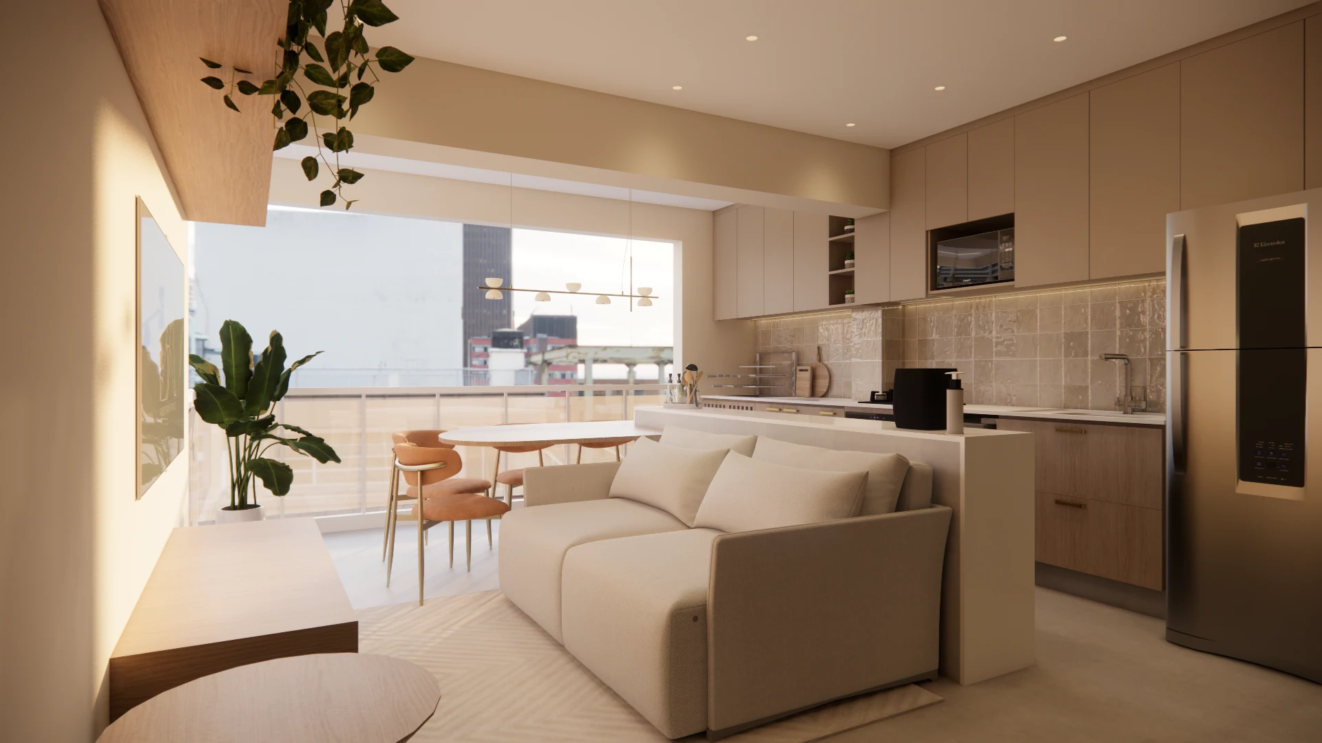 Sala integrada com cozinha, sofá claro, mesa de jantar e janela ampla.