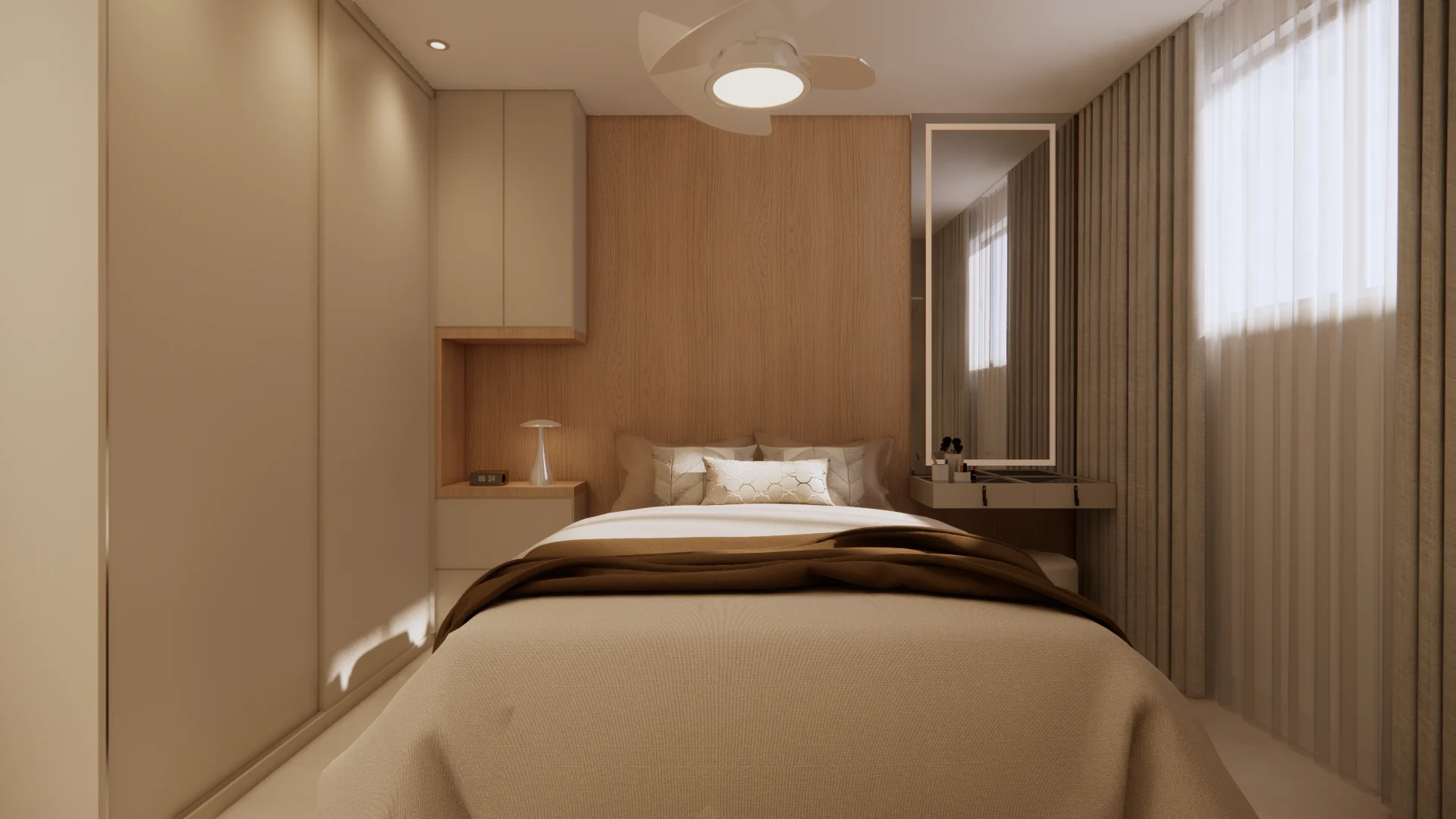 Quarto com cabeceira em madeira, armários claros, cama central e cortinas.