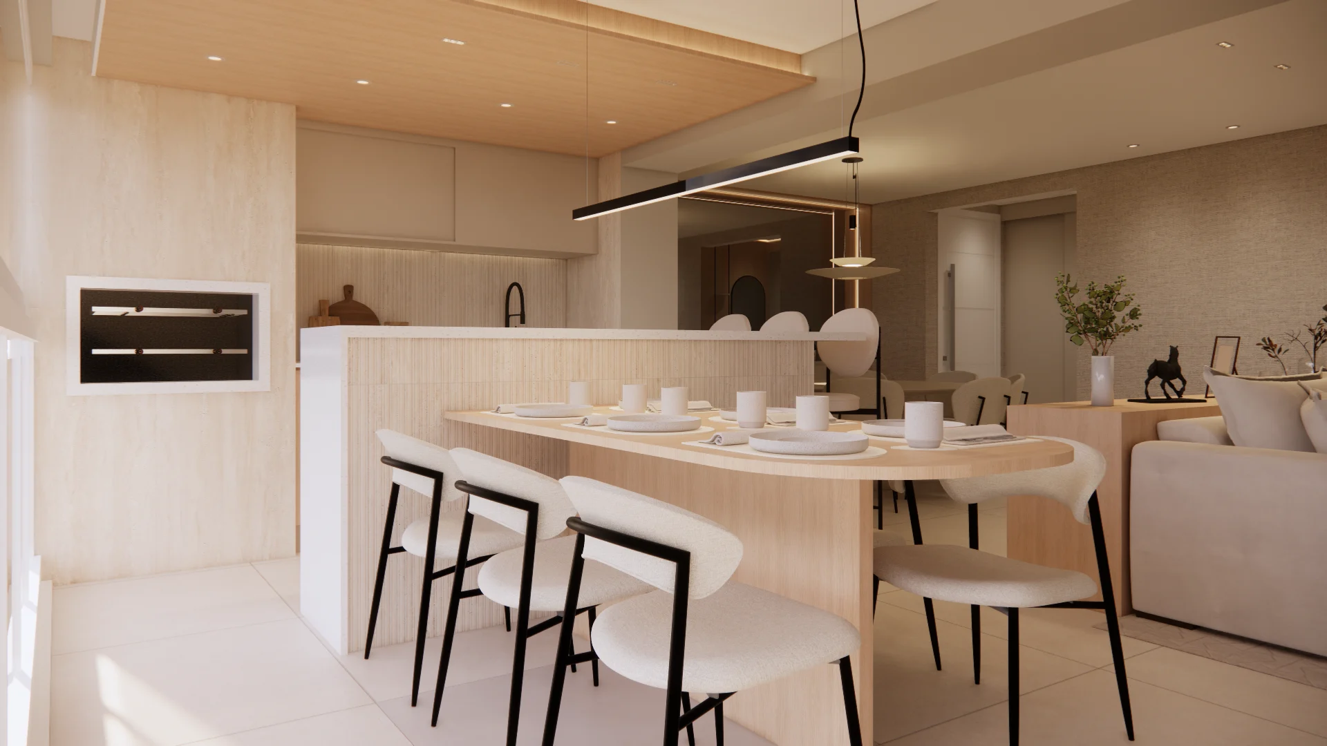 Sala de jantar e estar com marcenaria clara, iluminação linear e arte contemporânea.