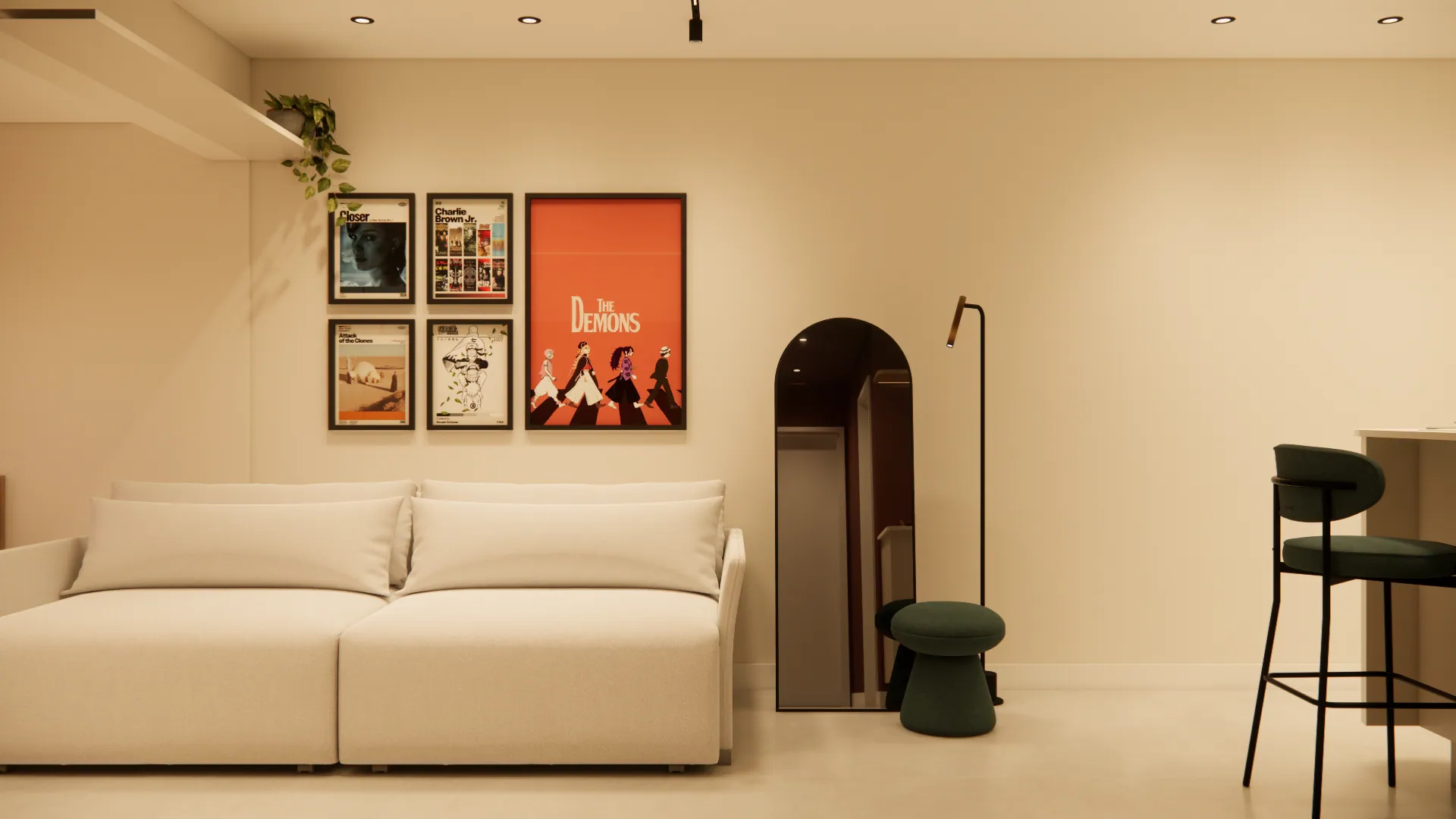 Sala de estar em tons naturais com sofá claro, quadros e espelho arqueado.