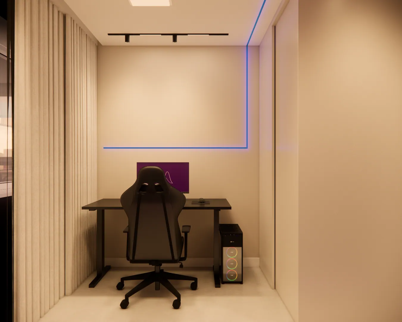 Ambiente de trabalho compacto com bancada, cadeira e iluminação linear.