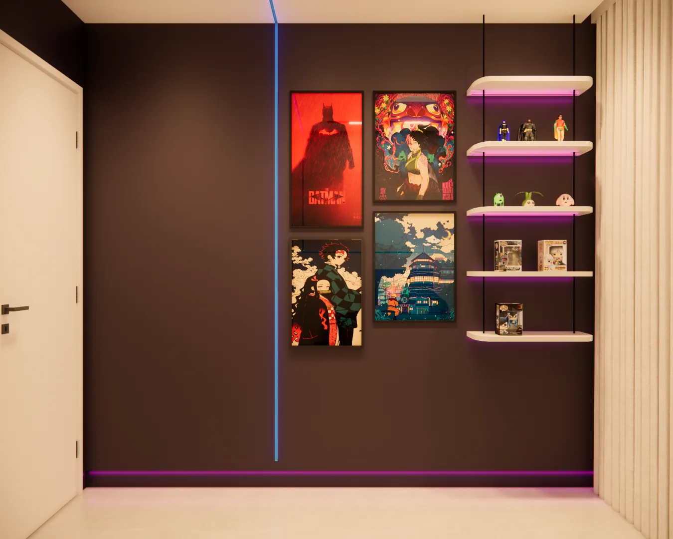 Sala integrada com estar e detalhes de marcenaria.